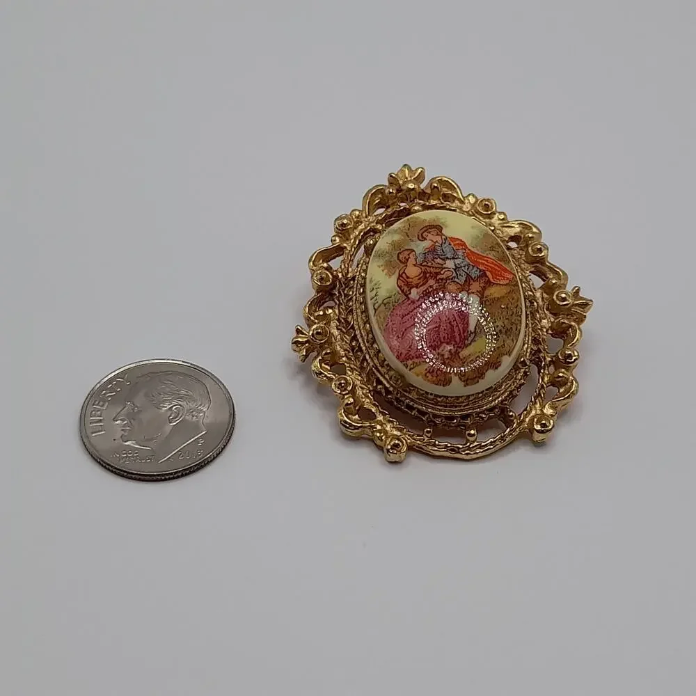 Vintage Courting Couple Porcelain Enamel Pin Brooch, 1960s, Signed